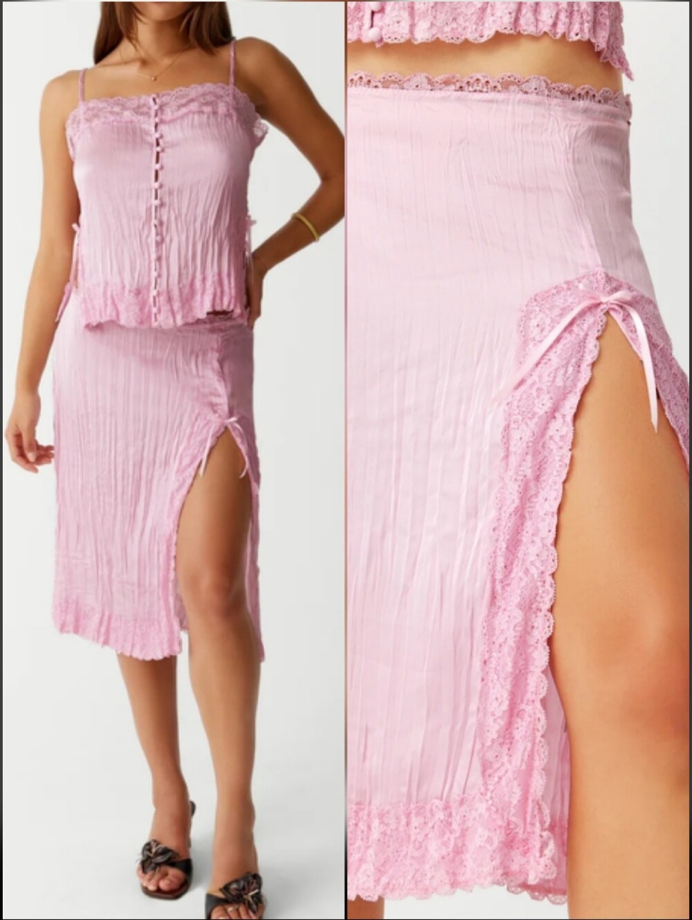 Frankie's Bikinis Satin Crinkle Baby Pink Countryside Lace Trim Midi Skirt